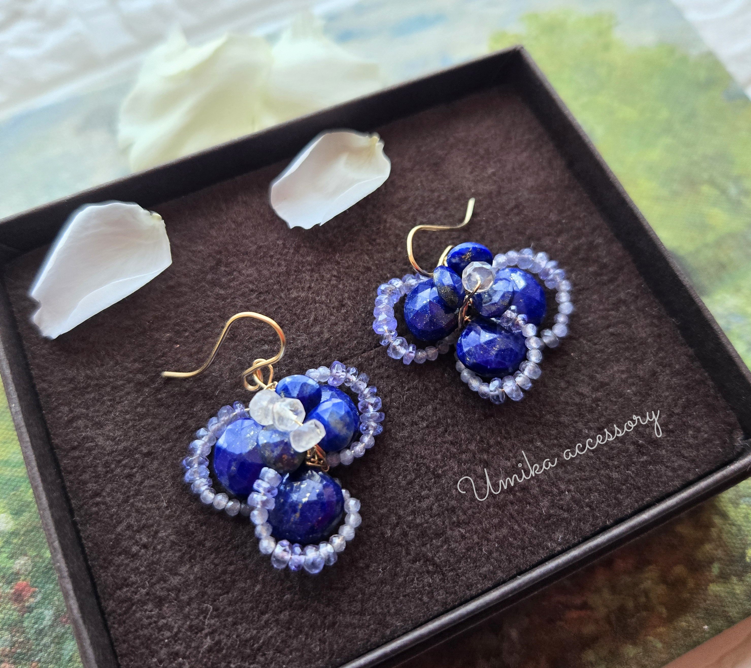 ～blue rose～ラピスラズリ　タンザナイトで描くお花ピアス14kgf