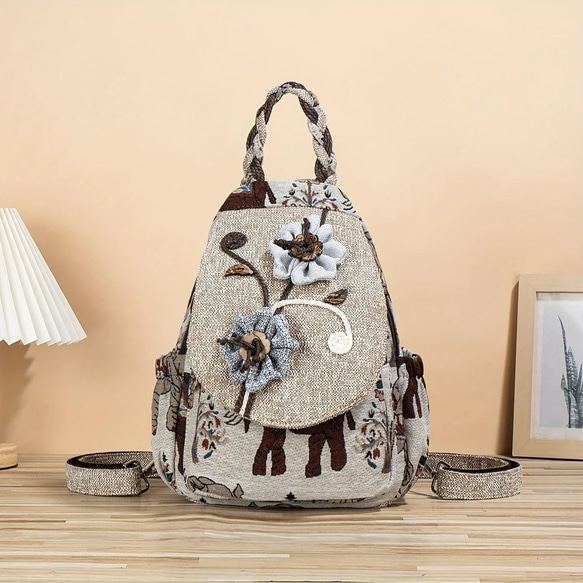 フローラルニットバックパック リュックサック ボヘミアン 刺繍 花柄