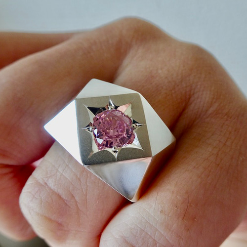 【ネット限定】 仁尾彫金『一つ星ピンクジルコニア、ブロックシルバーリング アクセサリー