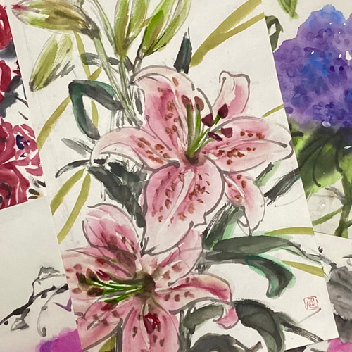 『百合リリー』ユリの花 墨絵アート 水墨画 インテリアアート 雑貨ギフト 絵画 5,500『Pure Lilies〜百合リリー』ユリの花 墨絵アート 水墨画