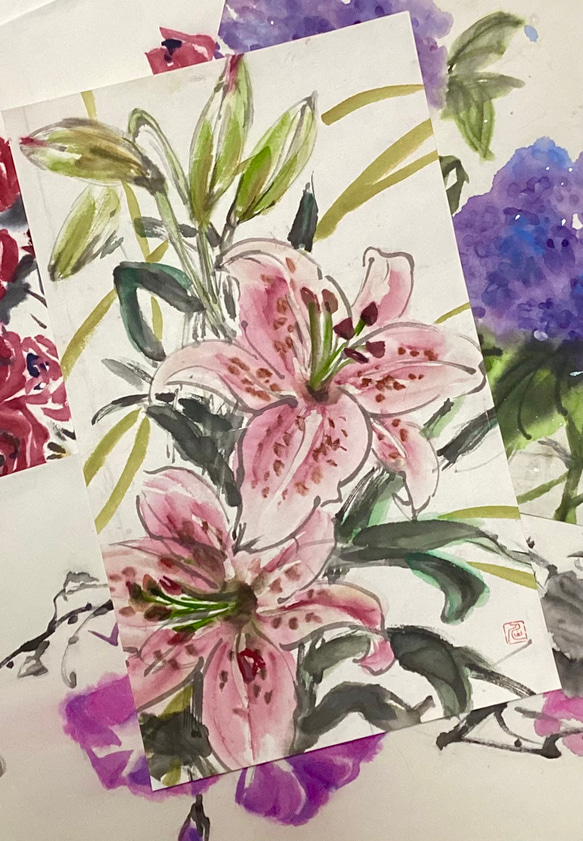 『百合リリー』ユリの花 墨絵アート 水墨画 インテリアアート 雑貨ギフト 絵画 5,500『Pure Lilies〜百合リリー』ユリの花 墨絵アート 水墨画