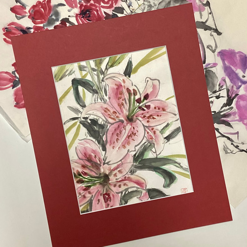 ユリの花 水墨画 額装済み ユリの花 水墨画 額装済み 絵画