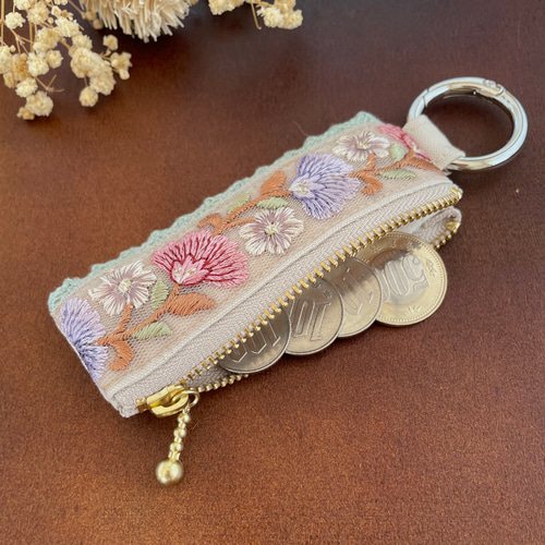 リップケース インド刺繍 ミニポーチ カラビナ リップポーチ 小銭入れ