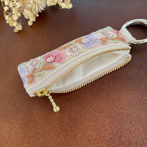 リップケース インド刺繍 ミニポーチ カラビナ リップポーチ 小銭入れ