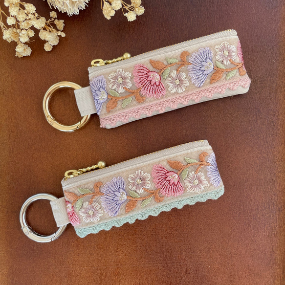 リップケース インド刺繍 ミニポーチ カラビナ リップポーチ 小銭入れ