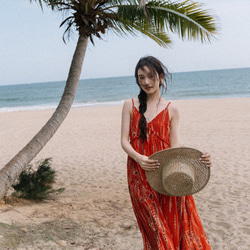 ボヘミアンロングスカート リゾートビーチドレス 赤 ストラップ