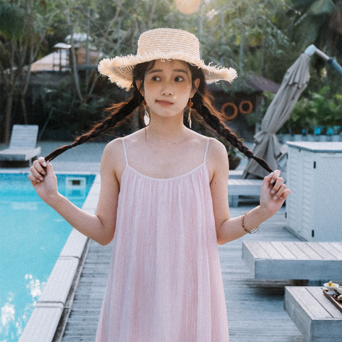 細肩紐 ワンピース ピンク 背中露出 ゆったり 無袖 ワンピース 夢の馬