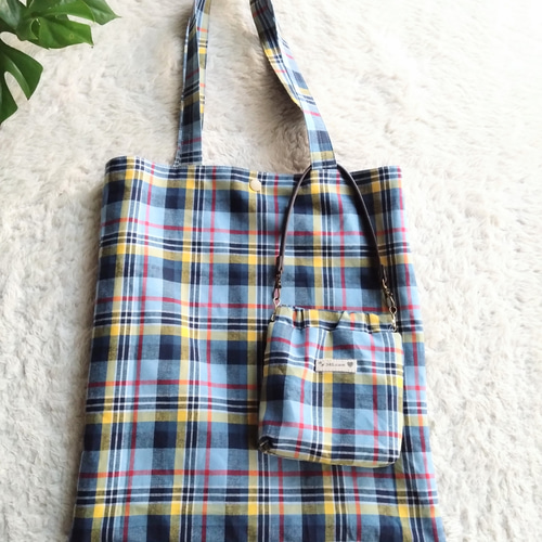 マドラスチェックのトートバッグとポーチのセット トートバッグ 345