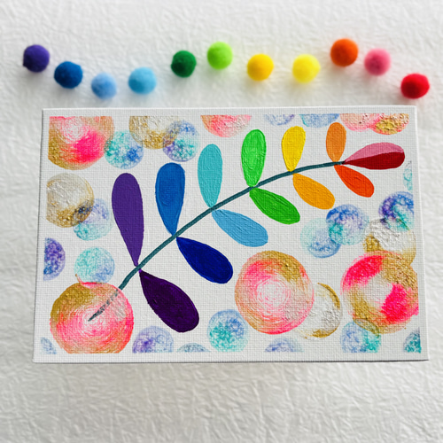 ハガキサイズ】虹色の葉 キャンバスアート カラフル アクリル絵の具