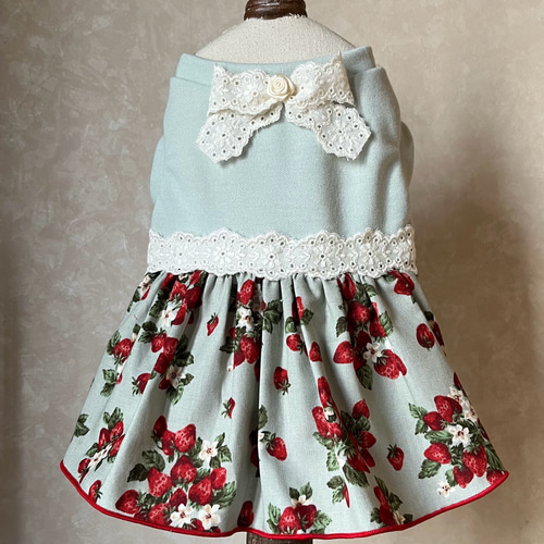 犬服ハンドメイド・レースWガーゼ苺・花柄・ワンピース