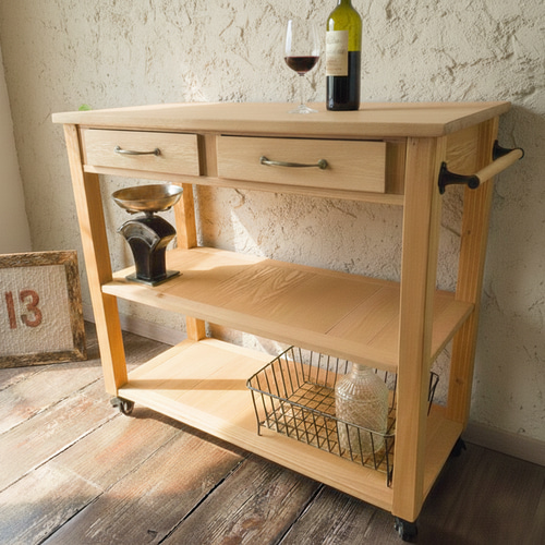 ナチュラル キッチンワゴン キッチンカウンター 作業台 引出し2杯