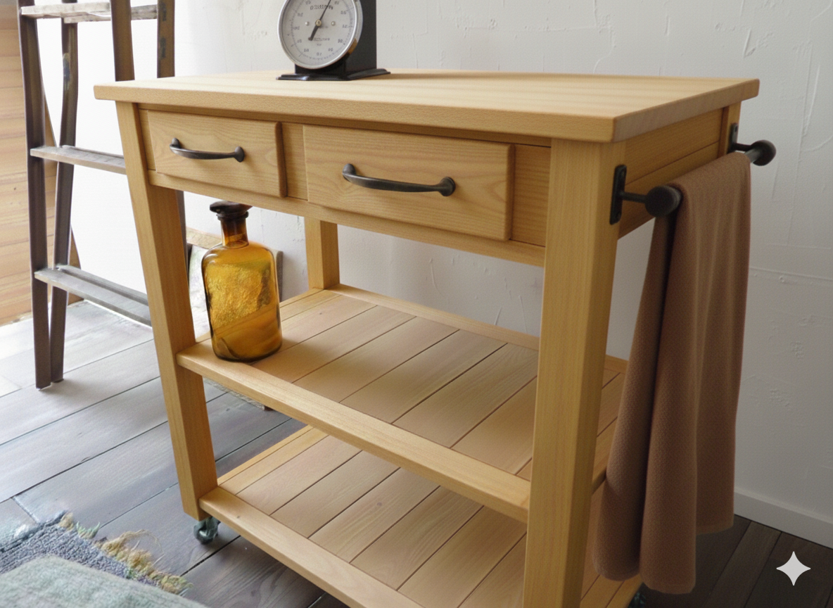 ナチュラル　キッチンワゴン　キッチンカウンター　作業台　引出し2杯 　キャスター付き　ｗ90