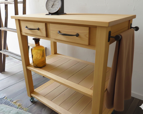 ナチュラル キッチンワゴン キッチンカウンター 作業台 引出し2杯