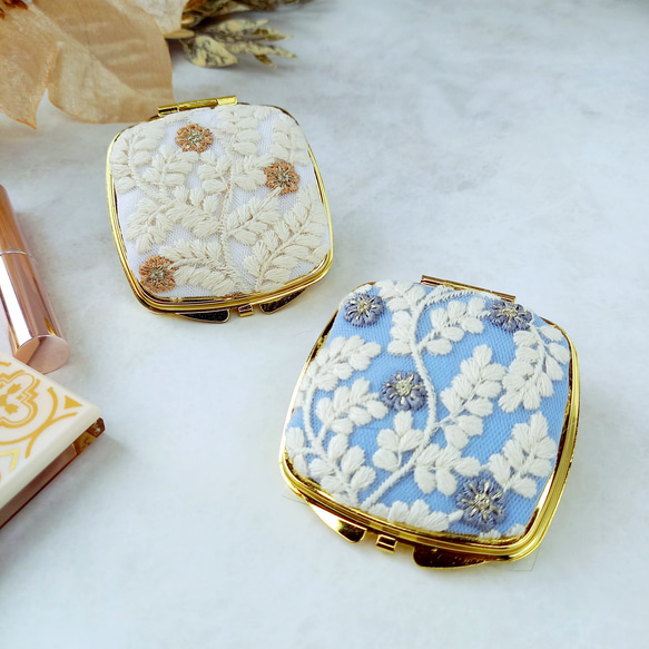 華やかインド刺繍リボンのコンパクトミラー　花柄　スクエア　No.2 1枚目の画像