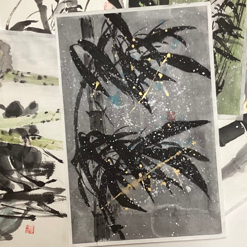 5,500『Bamboo in Snowy Winter〜雪笹』墨絵アート 水墨画