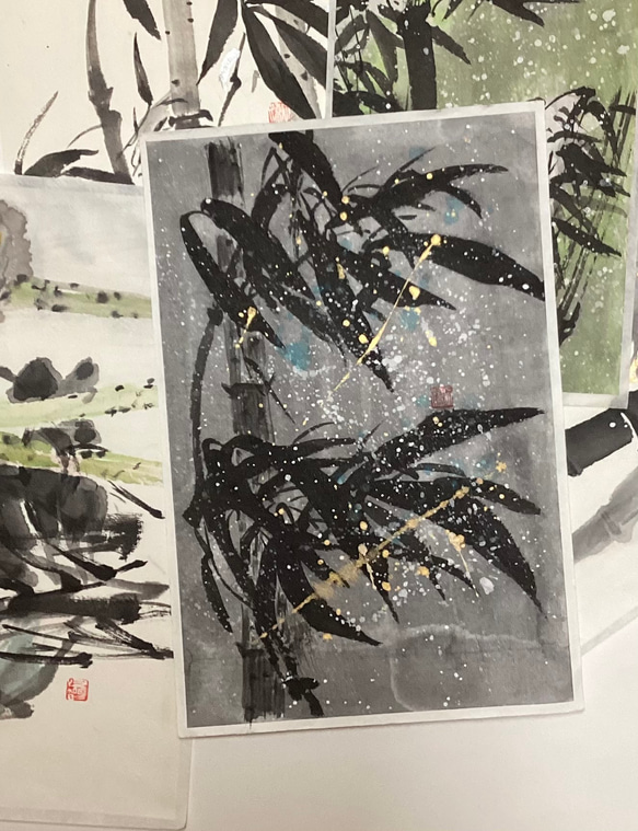 『朝顔』墨絵アート 水墨画 インテリアアート 雑貨ギフト 絵画 ガーデニング 5,500『Morning Glory Garden〜庭に咲く朝顔』墨絵アート 水墨画