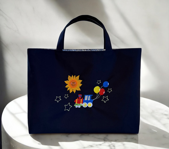 汽車刺繍／レッスンバッグ|リバティ|名入れ|刺繍|男の子|私立|お受験