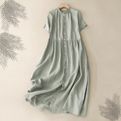 ☆ミントグリーン ロング 半袖 ワンピース 無地 レディース カジュアル