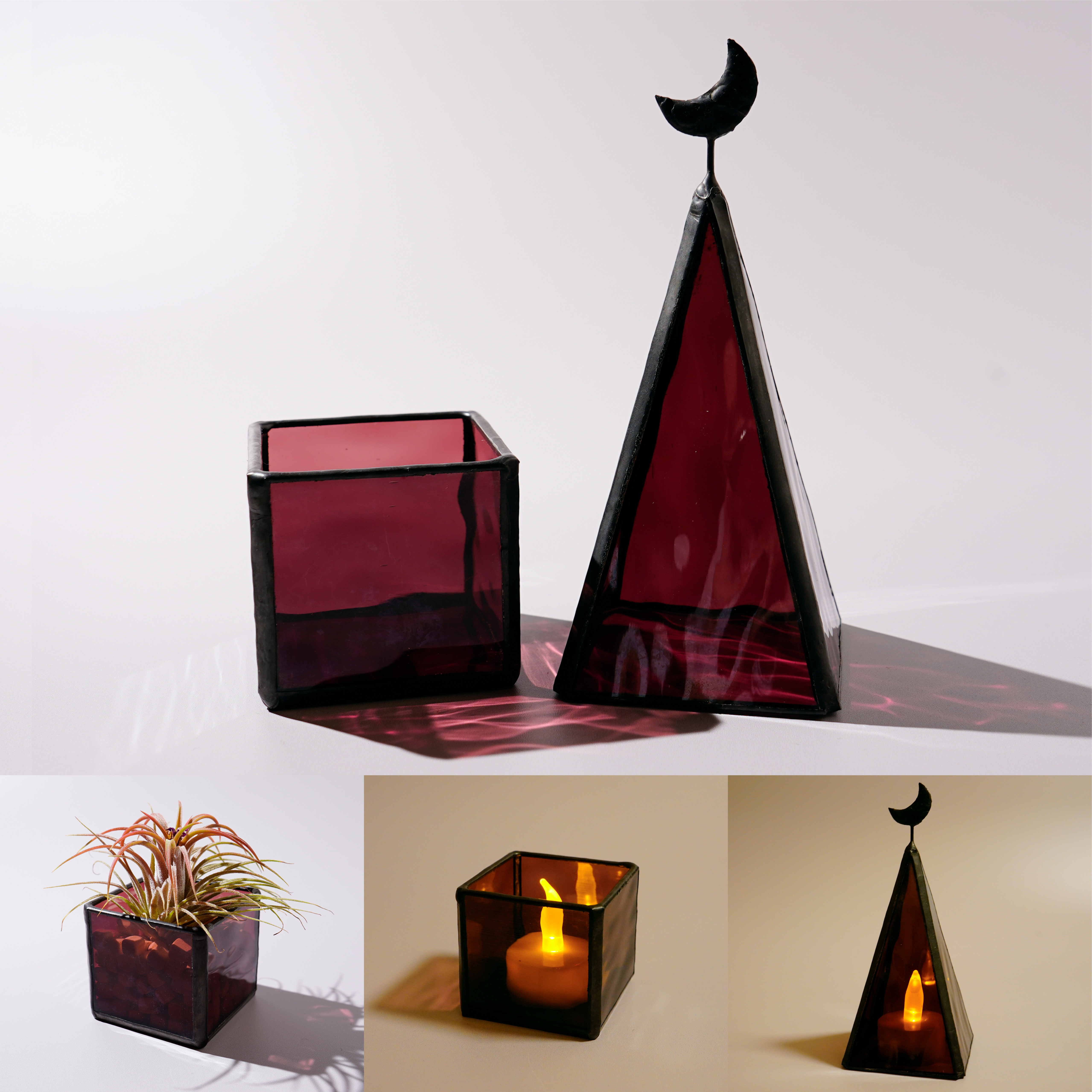 【ステンドグラス】キャンドルホルダー（エアプランツ）ボルドー 2個set