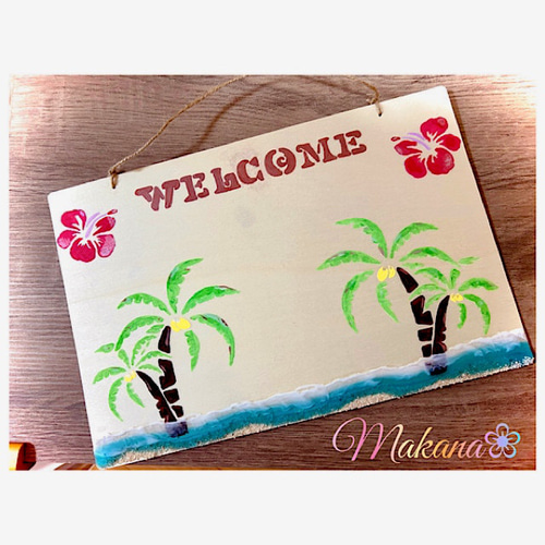 ネーム入りWELCOME PLATE♡ ハワイアン♡ヤシの木と海のウェルカムプレート✨ネームボード✨ネーム