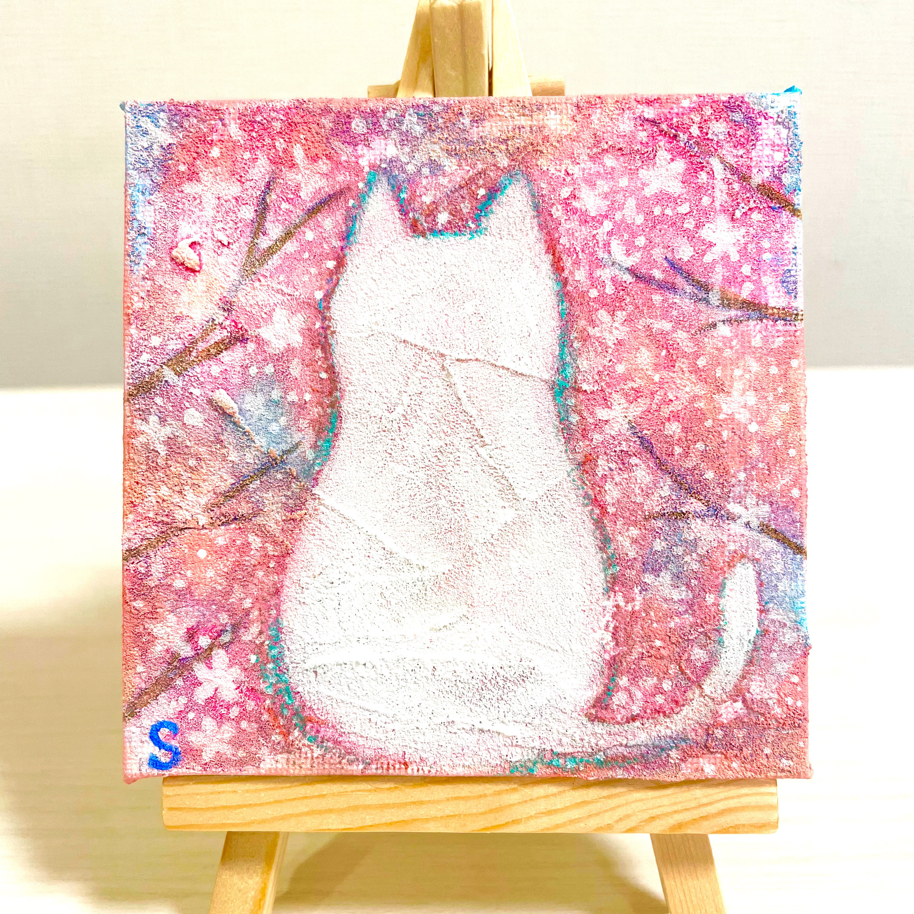 青い空さくら猫(キャンバス&アクリル絵の具)