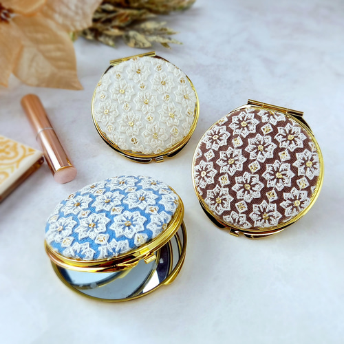 華やかインド刺繍リボンのコンパクトミラー＊小花柄＊サークル型 手鏡