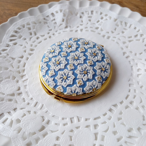 華やかインド刺繍リボンのコンパクトミラー｜小花柄＊サークル型 手鏡