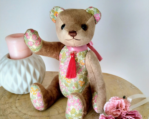 野ばらと野いちご柄 テディベア リバティファブリック使用 ぬいぐるみ