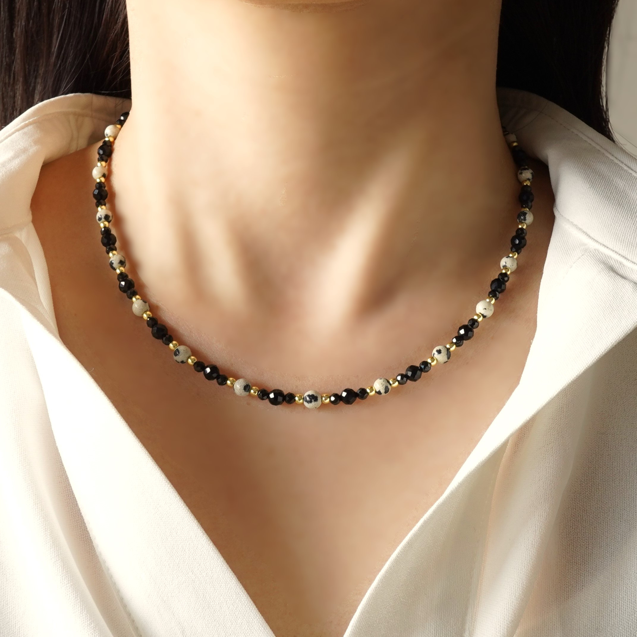 【14kgf製ネックレス】オニキス　ブラックスピネル　ダルメシアンジャスパー　天然石ネックレス　長く使える（JS16）