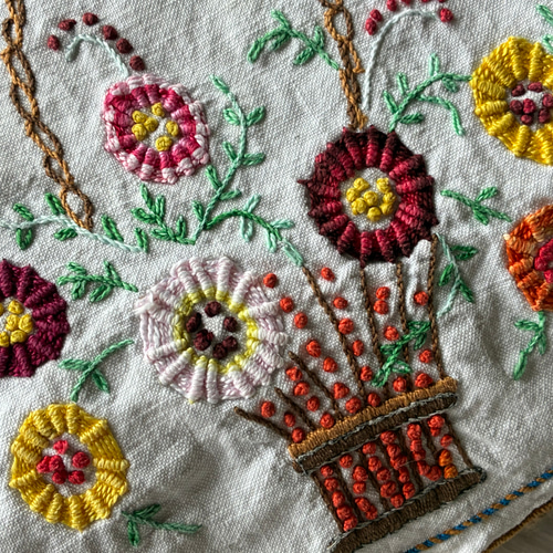 フランスアンティーク*ヴィンテージ*花かご刺繍*手刺繍*かご フランスアンティーク*ヴィンテージ*花かご刺繍*手刺繍*かご