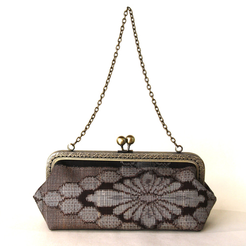 アンティーク泥大島紬リメイクがま口バック/和装バッグ/スマホ入ります