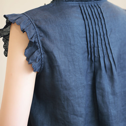 【即納】リネン生地のスカラップデザインが涼し気♪ピンタックボウタイブラウス 3枚目の画像