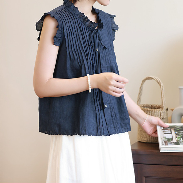 【即納】リネン生地のスカラップデザインが涼し気♪ピンタックボウタイブラウス 9枚目の画像