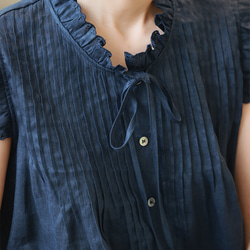 【即納】リネン生地のスカラップデザインが涼し気♪ピンタックボウタイブラウス 2枚目の画像