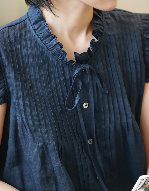 【即納】リネン生地のスカラップデザインが涼し気♪ピンタックボウタイブラウス 2枚目の画像