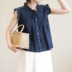 【即納】リネン生地のスカラップデザインが涼し気♪ピンタックボウタイブラウス 7枚目の画像