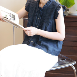 【即納】リネン生地のスカラップデザインが涼し気♪ピンタックボウタイブラウス 8枚目の画像