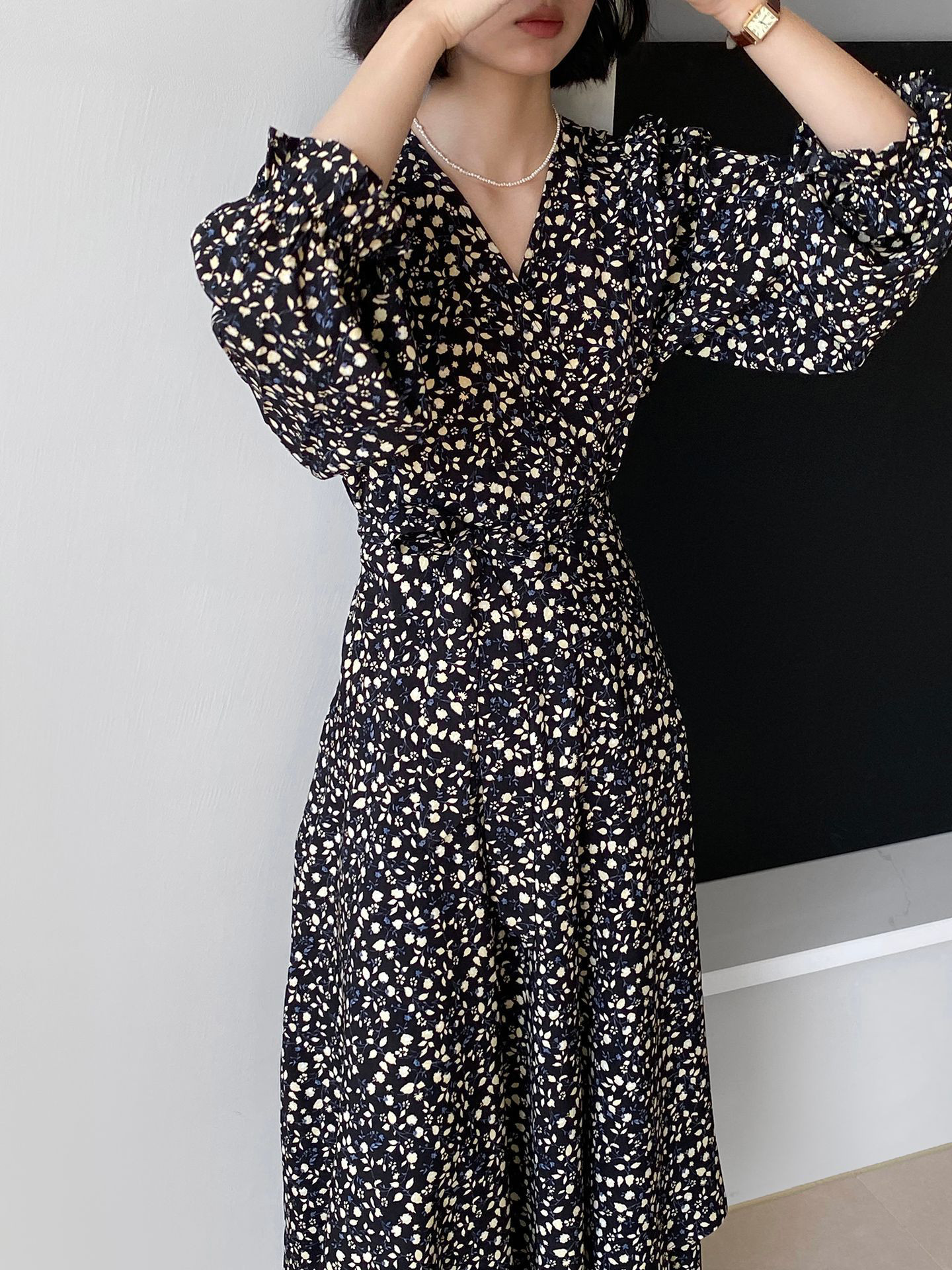 花柄ワンピースレディースロング丈フレンチロマンティックな一枚で着やせスカート2511