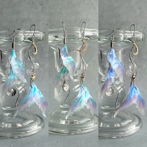 月光人魚の耳飾り【ブルー&レッド】 ピアス（フック・チェーン