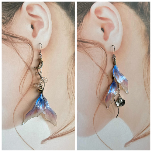 月光人魚の耳飾り【ブルー&レッド】 ピアス（フック・チェーン