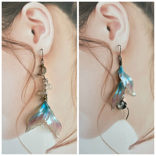 月光人魚の耳飾り【アクア&ピンク】 ピアス（フック・チェーン