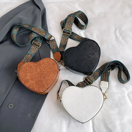 ハート型ショルダーバッグ 3カラー 革製 ヴィンテージ ワイド