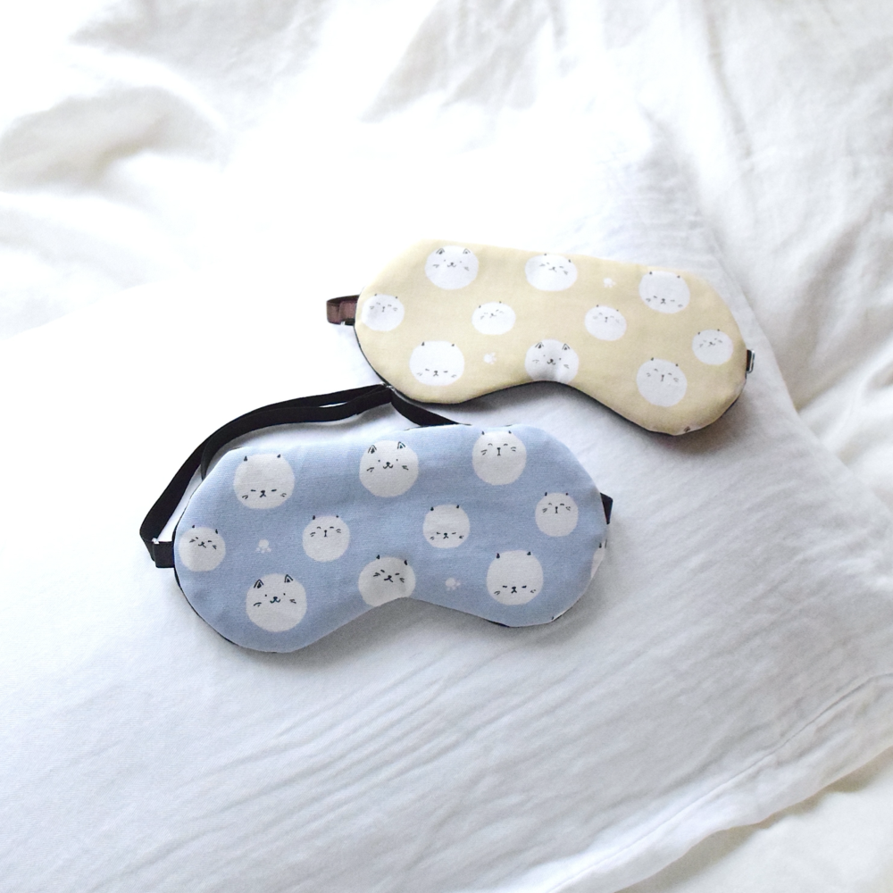 【送料無料お得な2点セット】ねこまるアイマスク|ベージュ&ブルー|収納ポーチ付