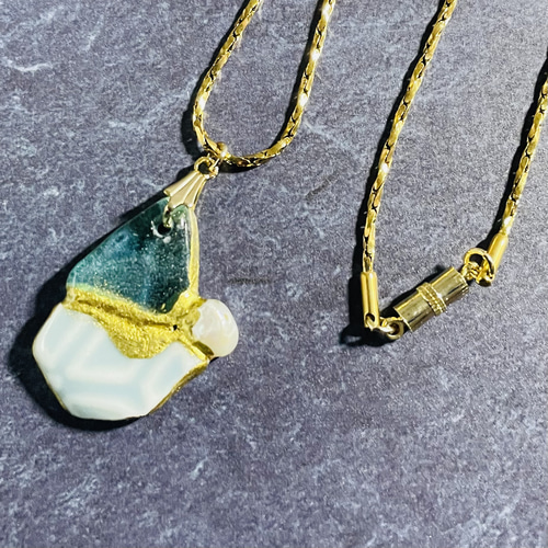 シーグラスとシー陶器の金継ぎネックレス ペンダント 着脱簡単