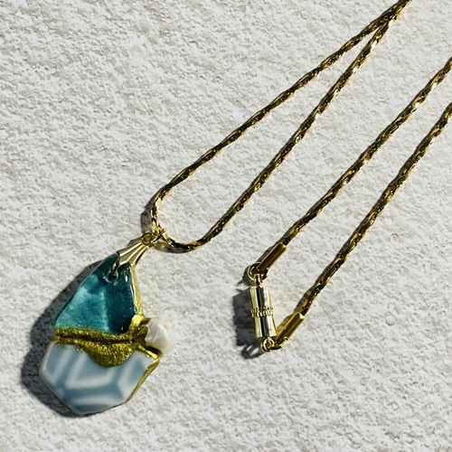 シーグラスとシー陶器の金継ぎネックレス ペンダント 着脱簡単