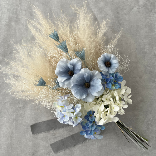 【送料込】 紫陽花とかすみ草のブルーミニブーケ 通販 violaflower ブーケ バッグ