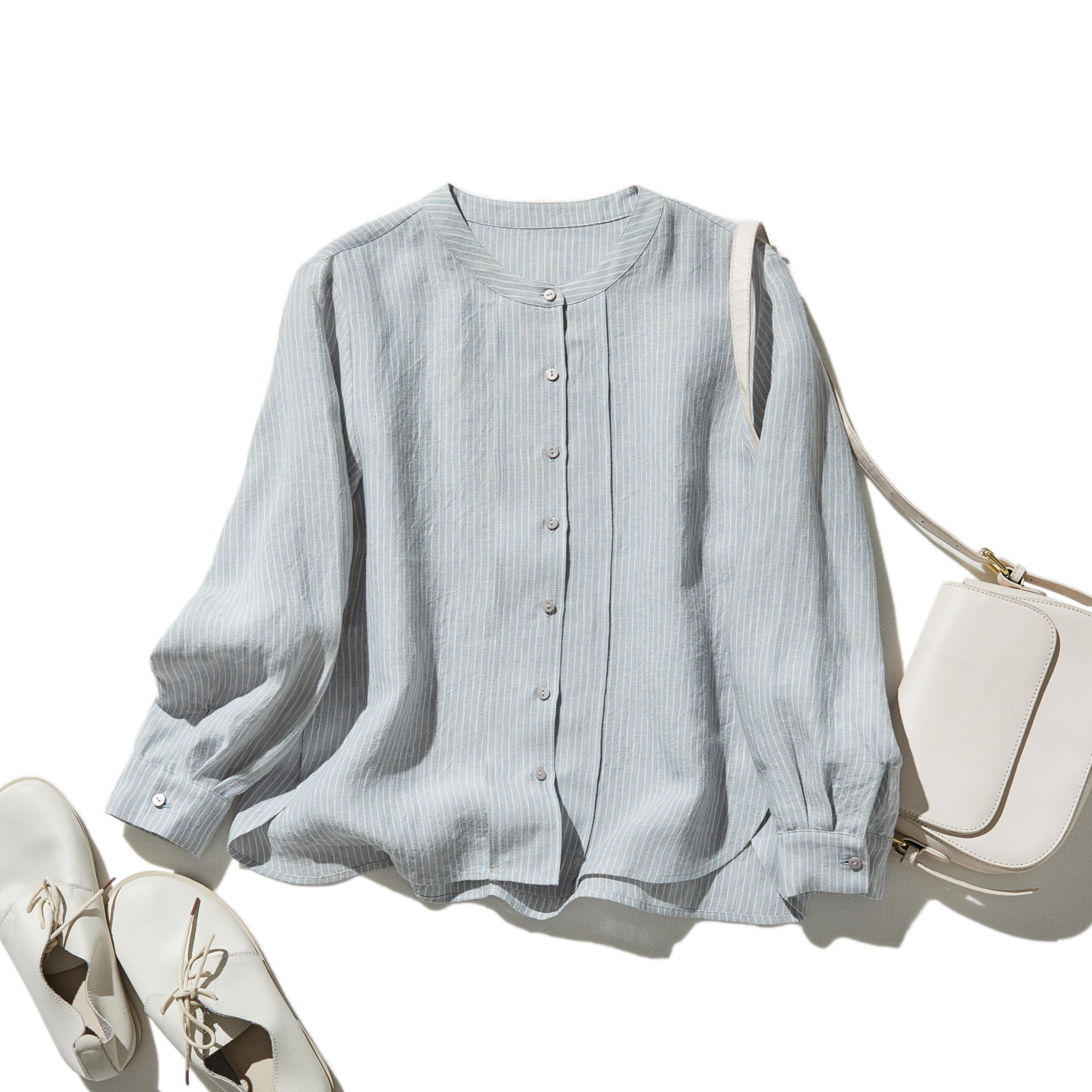 シンプルながらもこだわりのディテールが光る一枚　フランス産リネン100％　ストライプシャツ　薄い水色250410-2