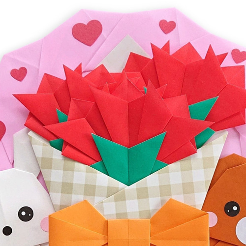 折り紙】うさぎとくまの花束リース 母の日 カーネーション リース