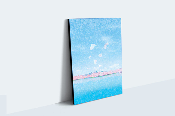 桜と飛ぶ鳥を描いた、アートパネル 2枚目の画像