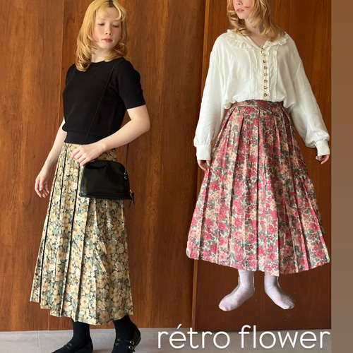 美品✨バボラ　プリーツスカート 新送0】レトロ花柄のボックスプリーツボリュームスカート